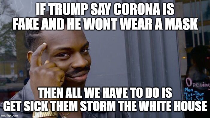 Roll Safe Think About It | IF TRUMP SAY CORONA IS FAKE AND HE WONT WEAR A MASK; THEN ALL WE HAVE TO DO IS GET SICK THEM STORM THE WHITE HOUSE | image tagged in memes,roll safe think about it | made w/ Imgflip meme maker