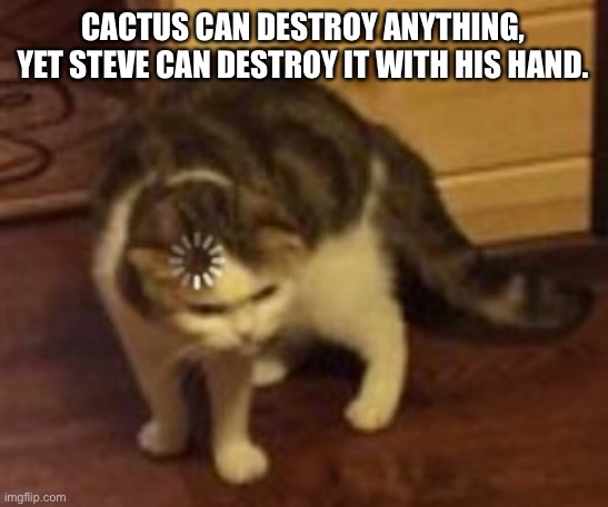 Confusing cactus | CACTUS CAN DESTROY ANYTHING, YET STEVE CAN DESTROY IT WITH HIS HAND. | image tagged in loading cat | made w/ Imgflip meme maker