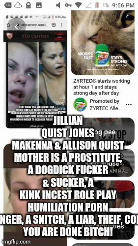 Great piece of shit Mother to Makenna & Allison Quist | JILLIAN QUIST JONES
MAKENNA & ALLISON QUIST MOTHER IS A PROSTITUTE, A DOGDICK FUCKER & SUCKER, A KINK INCEST ROLE PLAY HUMILIATION PORN MONGER, A SNITCH, A LIAR, THEIF, CON!! 

YOU ARE DONE BITCH! | image tagged in gifs | made w/ Imgflip images-to-gif maker