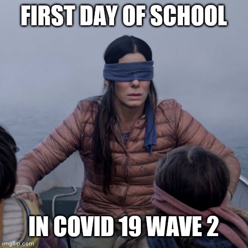 First day of school in COVID 19 WAVE 2 | FIRST DAY OF SCHOOL; IN COVID 19 WAVE 2 | image tagged in memes,bird box,covid 19 | made w/ Imgflip meme maker