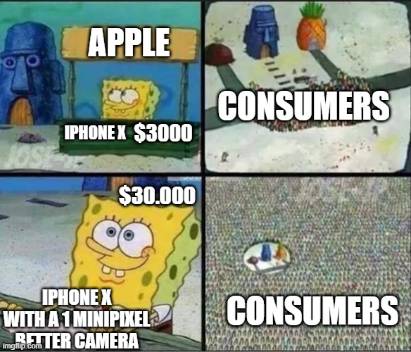 Apple logic | APPLE; CONSUMERS; IPHONE X; $3000; $30.000; CONSUMERS; IPHONE X WITH A 1 MINIPIXEL BETTER CAMERA | image tagged in spongebob hype stand | made w/ Imgflip meme maker