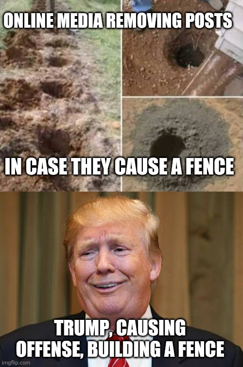 A strong offense | ONLINE MEDIA REMOVING POSTS; IN CASE THEY CAUSE A FENCE; TRUMP, CAUSING OFFENSE, BUILDING A FENCE | image tagged in fence,fence aka border wall,trump,social media,trump wall,political meme | made w/ Imgflip meme maker