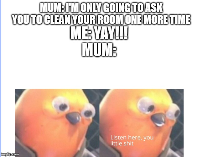 Listen here you little shit | MUM: I'M ONLY GOING TO ASK YOU TO CLEAN YOUR ROOM ONE MORE TIME; ME: YAY!!! MUM: | image tagged in listen here you little shit | made w/ Imgflip meme maker