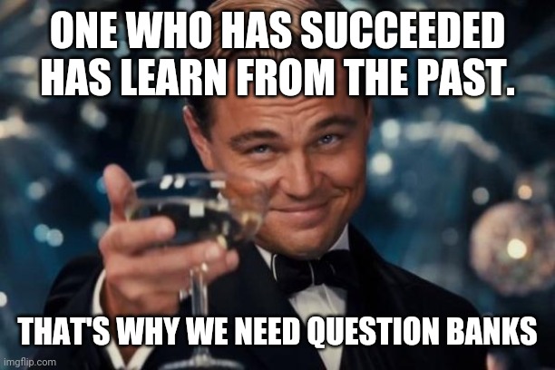 Leonardo Dicaprio Cheers Meme | ONE WHO HAS SUCCEEDED HAS LEARN FROM THE PAST. THAT'S WHY WE NEED QUESTION BANKS | image tagged in memes,leonardo dicaprio cheers | made w/ Imgflip meme maker