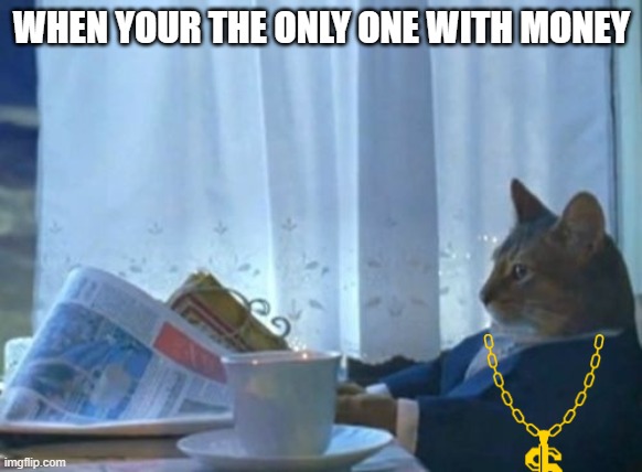 I Should Buy A Boat Cat Meme | WHEN YOUR THE ONLY ONE WITH MONEY | image tagged in memes,i should buy a boat cat | made w/ Imgflip meme maker