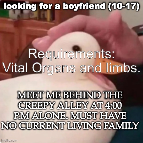 I am definitely not going to sell your organs on the chinese market | Requirements: Vital Organs and limbs. looking for a boyfriend (10-17); MEET ME BEHIND THE CREEPY ALLEY AT 4:00 P.M ALONE. MUST HAVE NO CURRENT LIVING FAMILY | image tagged in duck quack,shipping,uwu | made w/ Imgflip meme maker