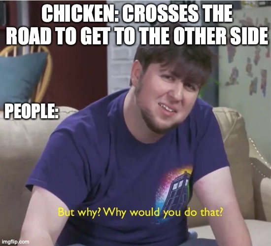 Chicken crossing the road? | CHICKEN: CROSSES THE ROAD TO GET TO THE OTHER SIDE; PEOPLE: | image tagged in but why | made w/ Imgflip meme maker