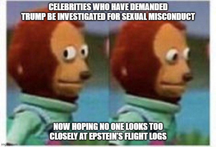 trump accusers | CELEBRITIES WHO HAVE DEMANDED TRUMP BE INVESTIGATED FOR SEXUAL MISCONDUCT; NOW HOPING NO ONE LOOKS TOO CLOSELY AT EPSTEIN'S FLIGHT LOGS | image tagged in celebrities | made w/ Imgflip meme maker