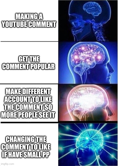 Pro gamer move | MAKING A YOUTUBE COMMENT; GET THE COMMENT POPULAR; MAKE DIFFERENT ACCOUNT TO LIKE THE COMMENT SO MORE PEOPLE SEE IT; CHANGING THE COMMENT TO LIKE IF HAVE SMALL PP | image tagged in memes,expanding brain | made w/ Imgflip meme maker
