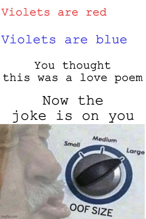 poems | Violets are red; Violets are blue; You thought this was a love poem; Now the joke is on you | image tagged in blank white template | made w/ Imgflip meme maker