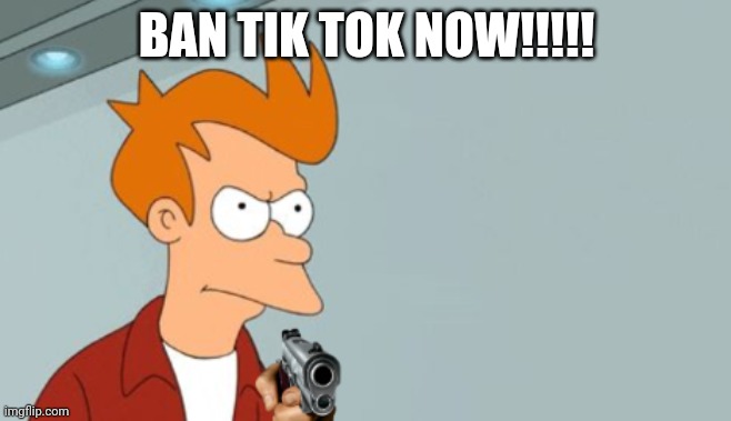 Fry's got a gun | BAN TIK TOK NOW!!!!! | image tagged in fry's got a gun | made w/ Imgflip meme maker