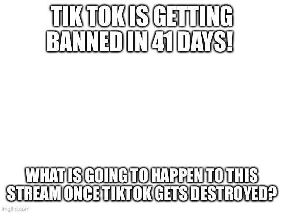 Attention soldiers | TIK TOK IS GETTING BANNED IN 41 DAYS! WHAT IS GOING TO HAPPEN TO THIS STREAM ONCE TIKTOK GETS DESTROYED? | image tagged in blank white template | made w/ Imgflip meme maker