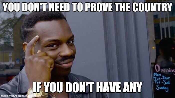 Roll Safe Think About It | YOU DON'T NEED TO PROVE THE COUNTRY; IF YOU DON'T HAVE ANY | image tagged in memes,roll safe think about it | made w/ Imgflip meme maker