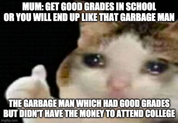 The garbage cat man | MUM: GET GOOD GRADES IN SCHOOL OR YOU WILL END UP LIKE THAT GARBAGE MAN; THE GARBAGE MAN WHICH HAD GOOD GRADES BUT DIDN'T HAVE THE MONEY TO ATTEND COLLEGE | image tagged in crying cat thumbs up,crying cat | made w/ Imgflip meme maker
