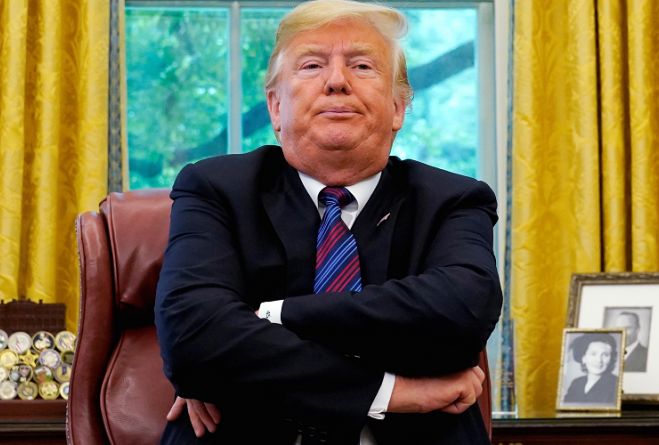 Trump frowning, arms folded Blank Meme Template