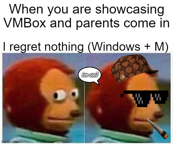 VMBox | When you are showcasing VMBox and parents come in; I regret nothing (Windows + M); im cool | image tagged in memes,monkey puppet | made w/ Imgflip meme maker