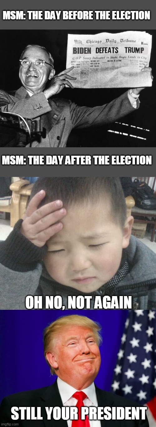 MSM: THE DAY BEFORE THE ELECTION; N; BIDEN; P; MSM: THE DAY AFTER THE ELECTION; OH NO, NOT AGAIN; STILL YOUR PRESIDENT | image tagged in trump smile,not again,dewey wins | made w/ Imgflip meme maker