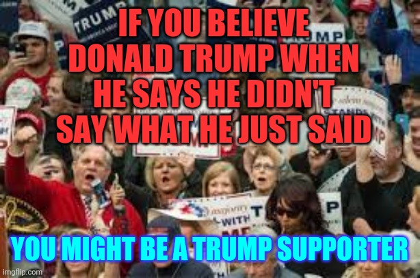 You Might Be A Trump Supporter | IF YOU BELIEVE DONALD TRUMP WHEN HE SAYS HE DIDN'T SAY WHAT HE JUST SAID; YOU MIGHT BE A TRUMP SUPPORTER | image tagged in trump supporters,trump unfit unqualified dangerous,disgusted face,lock him up,liar in chief,memes | made w/ Imgflip meme maker