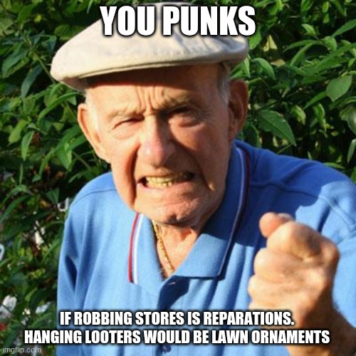 Two wrongs do not make a right | YOU PUNKS; IF ROBBING STORES IS REPARATIONS.  HANGING LOOTERS WOULD BE LAWN ORNAMENTS | image tagged in angry old man,two wrongs do not make a right,you punks,looting is a crime,reparations is a stupid excuse for committing crimes,l | made w/ Imgflip meme maker
