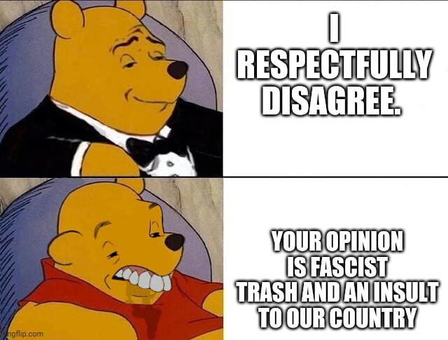 Too true, unfortunately. | I RESPECTFULLY DISAGREE. YOUR OPINION IS FASCIST TRASH AND AN INSULT TO OUR COUNTRY | image tagged in tuxedo winnie the pooh grossed reverse | made w/ Imgflip meme maker