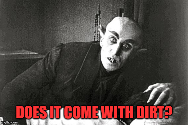 nosferatu in the 21st century | DOES IT COME WITH DIRT? | image tagged in nosferatu in the 21st century | made w/ Imgflip meme maker