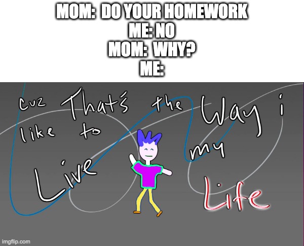 no homework for me | MOM:  DO YOUR HOMEWORK
ME: NO
MOM:  WHY?
ME: | image tagged in cuz that's the way i like to live my life,bill wurtz | made w/ Imgflip meme maker