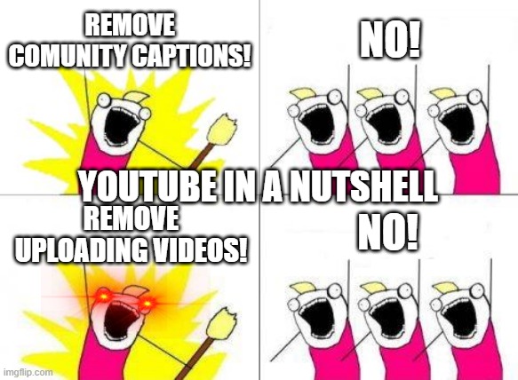 What Do We Want | REMOVE COMUNITY CAPTIONS! NO! YOUTUBE IN A NUTSHELL; NO! REMOVE UPLOADING VIDEOS! | image tagged in memes,what do we want | made w/ Imgflip meme maker