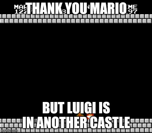 Thank You Mario | THANK YOU MARIO; BUT LUIGI IS IN ANOTHER CASTLE | image tagged in thank you mario | made w/ Imgflip meme maker
