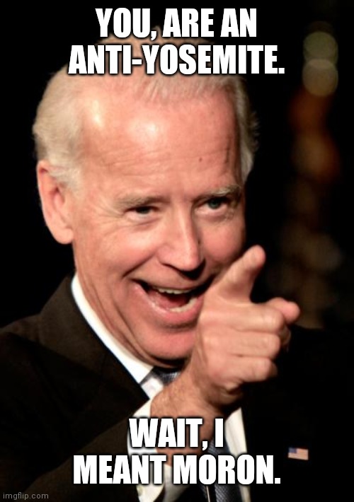 Smilin Biden Meme | YOU, ARE AN ANTI-YOSEMITE. WAIT, I MEANT MORON. | image tagged in memes,smilin biden | made w/ Imgflip meme maker