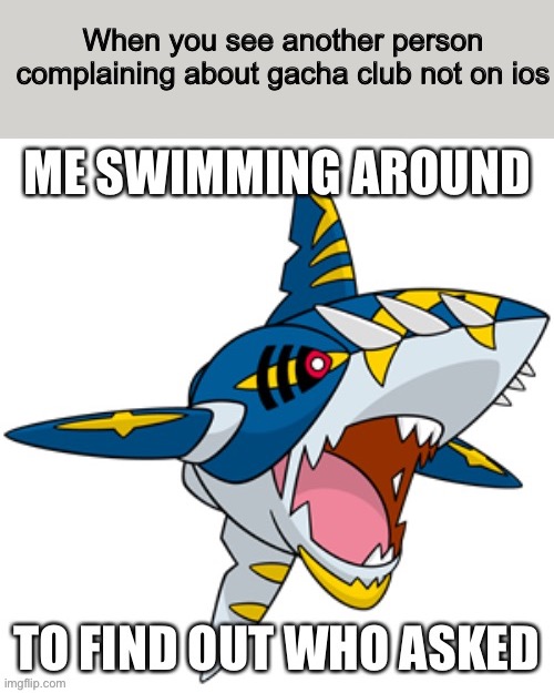 Sharpedo meme | When you see another person
complaining about gacha club not on ios | image tagged in sharpedo meme | made w/ Imgflip meme maker