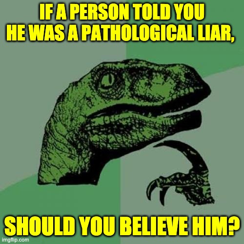 Hmmmm | IF A PERSON TOLD YOU HE WAS A PATHOLOGICAL LIAR, SHOULD YOU BELIEVE HIM? | image tagged in memes,philosoraptor | made w/ Imgflip meme maker