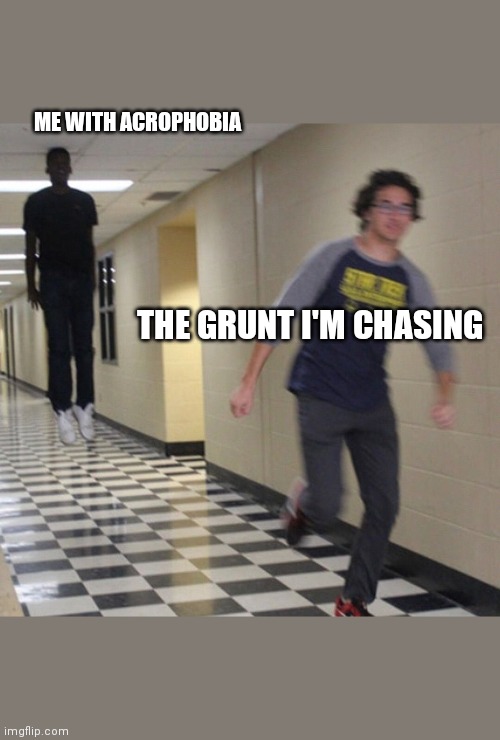 Running away in hallway | ME WITH ACROPHOBIA; THE GRUNT I'M CHASING | image tagged in running away in hallway | made w/ Imgflip meme maker
