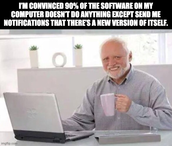 Harold | I’M CONVINCED 90% OF THE SOFTWARE ON MY COMPUTER DOESN’T DO ANYTHING EXCEPT SEND ME NOTIFICATIONS THAT THERE’S A NEW VERSION OF ITSELF. | image tagged in harold | made w/ Imgflip meme maker