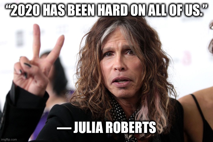 Dude looks like an old lady | “2020 HAS BEEN HARD ON ALL OF US.”; — JULIA ROBERTS | image tagged in steven tyler,julia roberts,2020,hard times,rough,memes | made w/ Imgflip meme maker