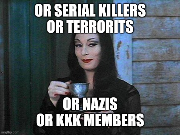 Morticia drinking tea | OR SERIAL KILLERS
OR TERRORITS OR NAZIS
OR KKK MEMBERS | image tagged in morticia drinking tea | made w/ Imgflip meme maker