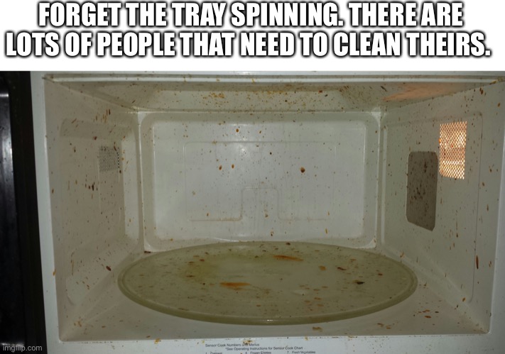 Dirty microwave | FORGET THE TRAY SPINNING. THERE ARE LOTS OF PEOPLE THAT NEED TO CLEAN THEIRS. | image tagged in dirty microwave | made w/ Imgflip meme maker