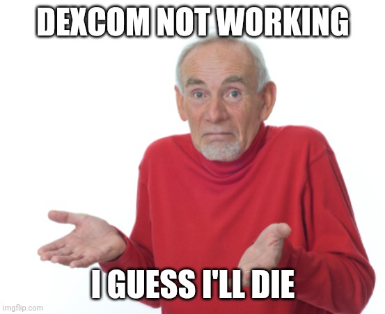 Guess I'll die  | DEXCOM NOT WORKING; I GUESS I'LL DIE | image tagged in guess i'll die | made w/ Imgflip meme maker