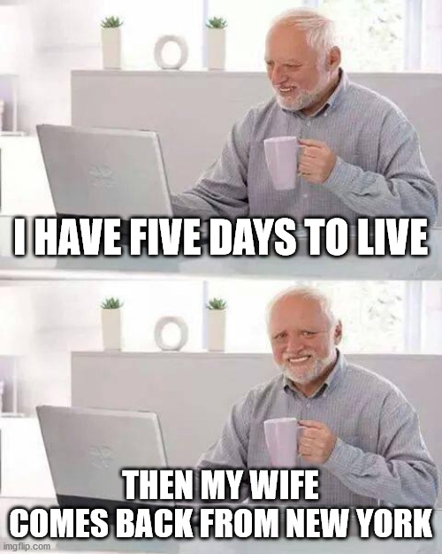 Five days, then it's back to normal | I HAVE FIVE DAYS TO LIVE; THEN MY WIFE COMES BACK FROM NEW YORK | image tagged in memes,hide the pain harold | made w/ Imgflip meme maker