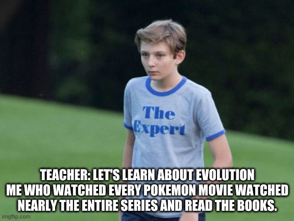 The Expert | TEACHER: LET'S LEARN ABOUT EVOLUTION ME WHO WATCHED EVERY POKEMON MOVIE WATCHED NEARLY THE ENTIRE SERIES AND READ THE BOOKS. | image tagged in the expert | made w/ Imgflip meme maker