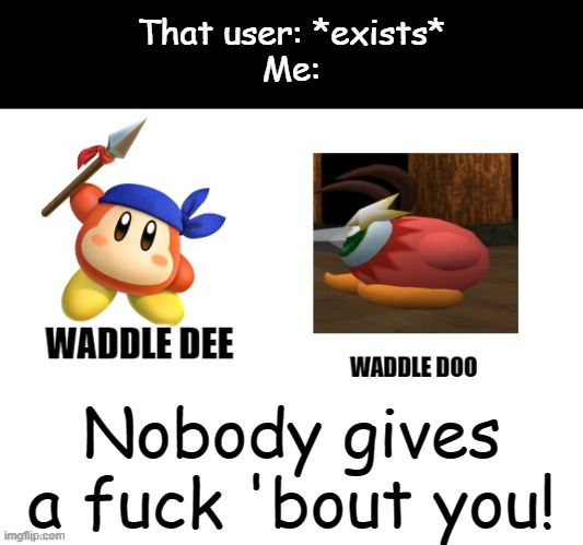 Waddle Dee, Waddle doo | That user: *exists*
Me: Nobody gives a fuck 'bout you! | image tagged in waddle dee waddle doo | made w/ Imgflip meme maker