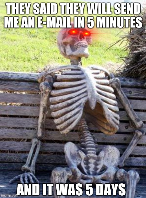Waiting Skeleton | THEY SAID THEY WILL SEND ME AN E-MAIL IN 5 MINUTES; AND IT WAS 5 DAYS | image tagged in memes,waiting skeleton | made w/ Imgflip meme maker