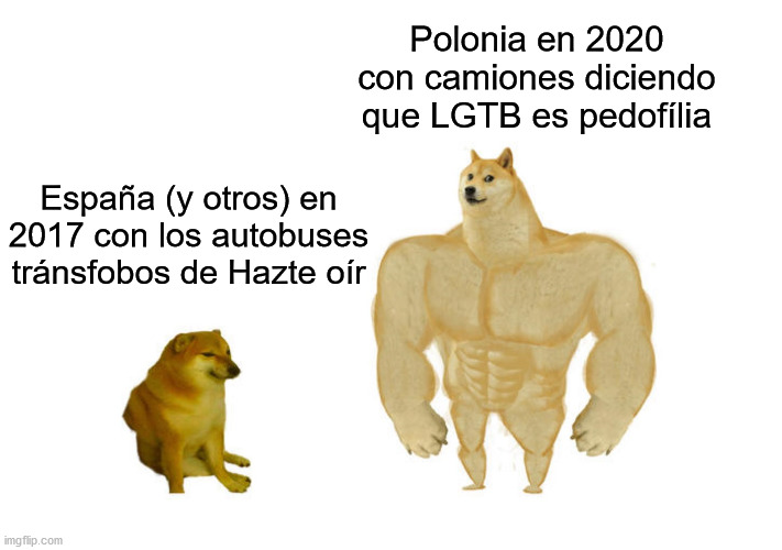 "Stop pedofili", they claim | Polonia en 2020 con camiones diciendo que LGTB es pedofília; España (y otros) en 2017 con los autobuses tránsfobos de Hazte oír | image tagged in doggo and cheems flipped | made w/ Imgflip meme maker