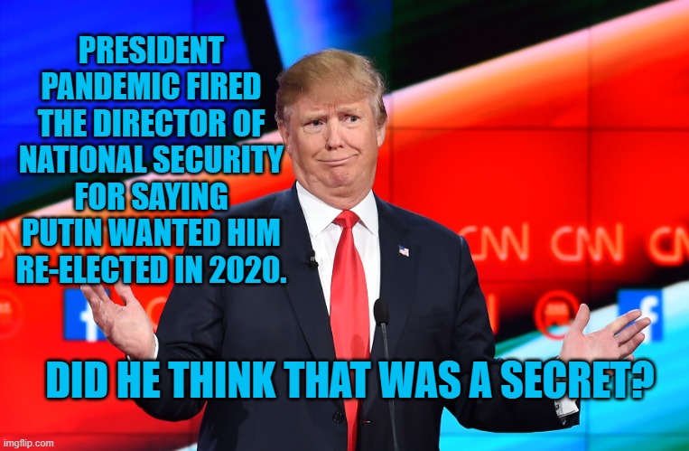 Catagelophobics Do Stupid Things | PRESIDENT PANDEMIC FIRED THE DIRECTOR OF NATIONAL SECURITY FOR SAYING PUTIN WANTED HIM RE-ELECTED IN 2020. DID HE THINK THAT WAS A SECRET? | image tagged in politics | made w/ Imgflip meme maker