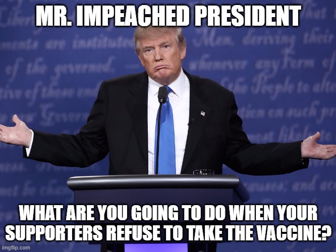 Dumbass Trumptards Won't Even Wear A Mask | MR. IMPEACHED PRESIDENT; WHAT ARE YOU GOING TO DO WHEN YOUR SUPPORTERS REFUSE TO TAKE THE VACCINE? | image tagged in masks,coronavirus,pandemic,covid-19,covidiots,vaccine | made w/ Imgflip meme maker
