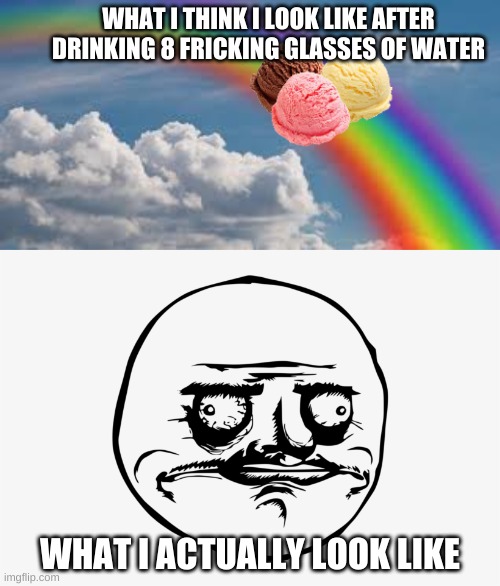 Expectation vs. reality | WHAT I THINK I LOOK LIKE AFTER DRINKING 8 FRICKING GLASSES OF WATER; WHAT I ACTUALLY LOOK LIKE | image tagged in expectation vs reality,me gusta | made w/ Imgflip meme maker