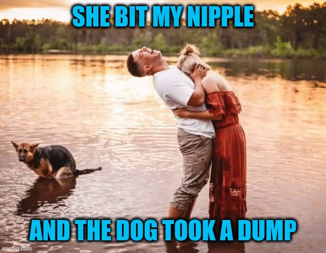 Just another day at the lake | SHE BIT MY NIPPLE; AND THE DOG TOOK A DUMP | image tagged in memes,twisted humor | made w/ Imgflip meme maker