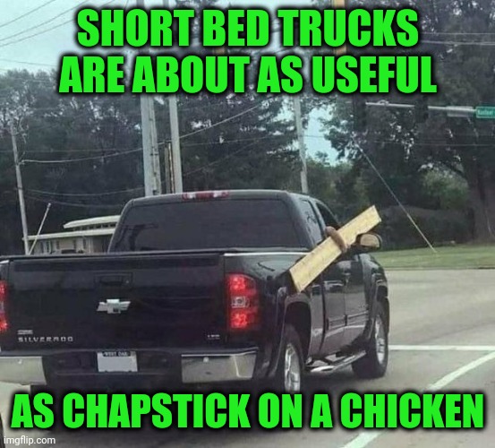 You can try to change my mind, but you won't | SHORT BED TRUCKS ARE ABOUT AS USEFUL; AS CHAPSTICK ON A CHICKEN | image tagged in trucks,are,for,haulin | made w/ Imgflip meme maker