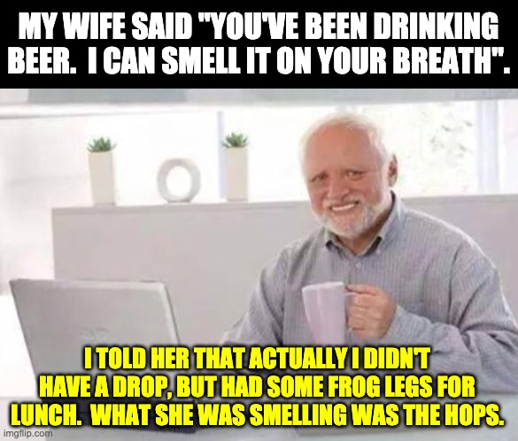 Harold | MY WIFE SAID "YOU'VE BEEN DRINKING BEER.  I CAN SMELL IT ON YOUR BREATH". I TOLD HER THAT ACTUALLY I DIDN'T HAVE A DROP, BUT HAD SOME FROG LEGS FOR LUNCH.  WHAT SHE WAS SMELLING WAS THE HOPS. | image tagged in harold | made w/ Imgflip meme maker