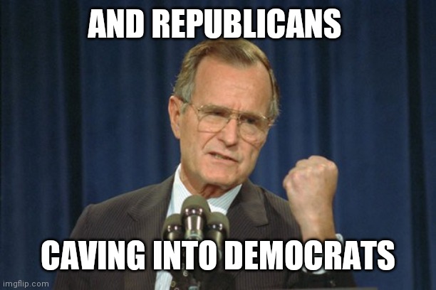 George Bush Gather | AND REPUBLICANS CAVING INTO DEMOCRATS | image tagged in george bush gather | made w/ Imgflip meme maker