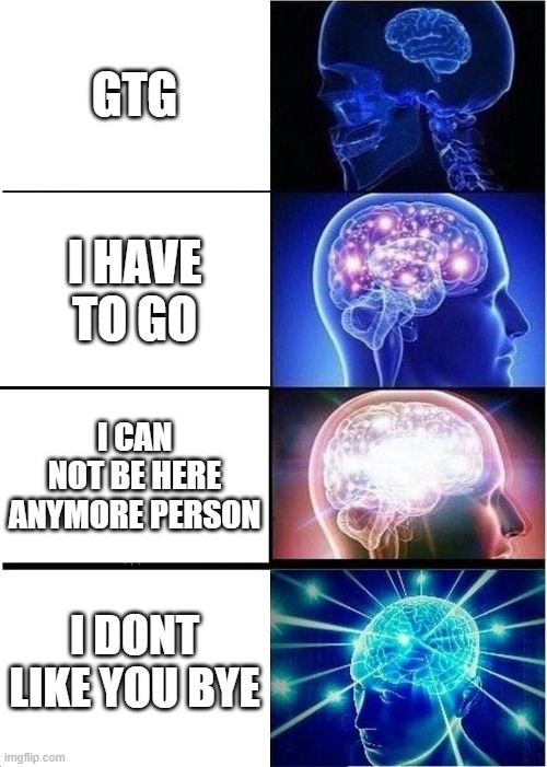 Expanding Brain | GTG; I HAVE TO GO; I CAN NOT BE HERE ANYMORE PERSON; I DONT LIKE YOU BYE | image tagged in memes,expanding brain | made w/ Imgflip meme maker